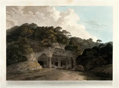 Entrance to a cave on the island of Elephanta, near Bombay, Maharashtra