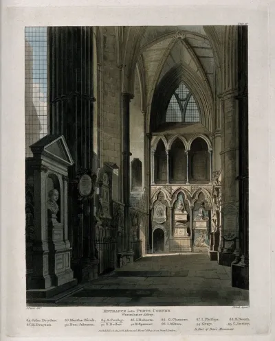 Entrance to Poets' Corner Westminster Abbey showing the busts of John Dryden, Ben Johnson, Abraham Cowley and others