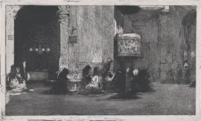 Entrance to the church of St Joseph (San José), Madrid, figures seated on the ground in front