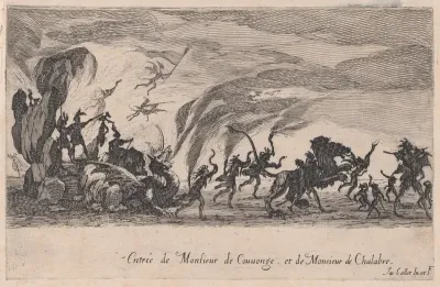Entrée de MM. de Couvonge et de Chalabre (Entrance of Monsieur du Couvonge and of Monsieur de Chalabre), from Le Combat a la Barrière in the Palace at Nancy by Henri Humbert, printed by Sebastien Phillipe
