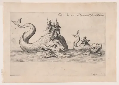 Entrée de MM. de Vroncourt, Tyllon, et Marimont (Entrances of Monsieur de Vroncourt, of Monsieur de Tyllon, and Monsieur de Marimont), from Le Combat a la Barrière in the Palace at Nancy by Henri Humbert, printed by Sebastien Phillipe