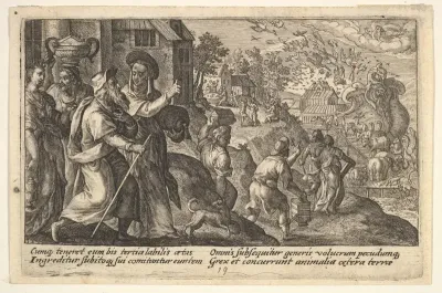 Entry into the ark: Noah and his family walk toward the ark in the background, pairs of animals walk up a ramp leading into the ark, from "Liber Genesis"
