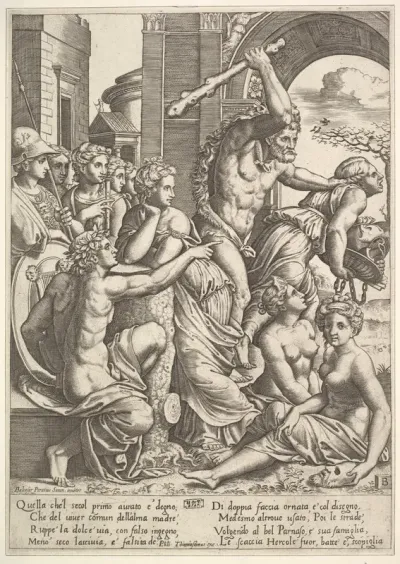 Envy or Avarice at the right being driven from the temple of the Muses by Hercules who raises a club, the muses watching from the left