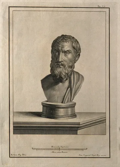 Epicurus. Line engraving by F. Cepparoli after N. Vanni