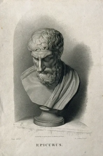 Epicurus. Stipple engraving by A. Cardon, 1823, after W.M. Craig