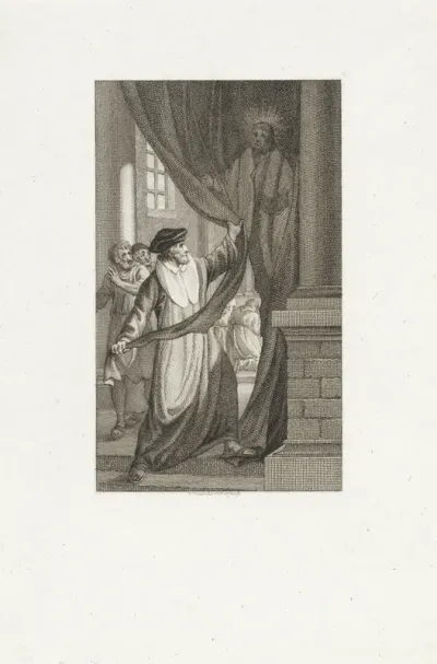 Epifanius staat op het punt om een beeld van Christus te vernietigen