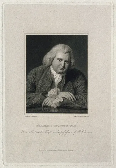Erasmus Darwin. Line engraving by J. T. Wedgwood, 1820 after J. Thurston after J. Wright, 1770