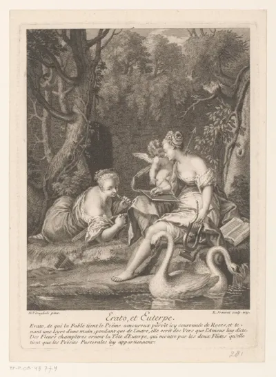 Erato en Euterpe met Amor bij een koppel zwanen