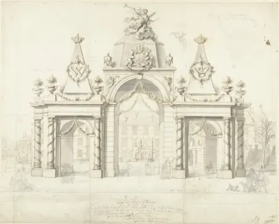 Erepoort op het Buitenhof voor de intrede van Willem V en Wilhelmina van Pruisen, 1767