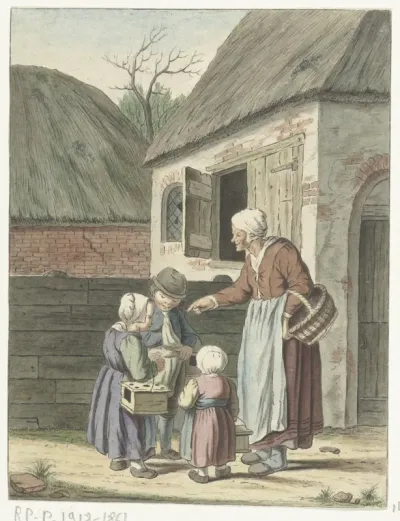 Erf met oude vrouw en drie kinderen