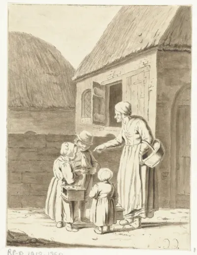 Erf met oude vrouw en drie kinderen