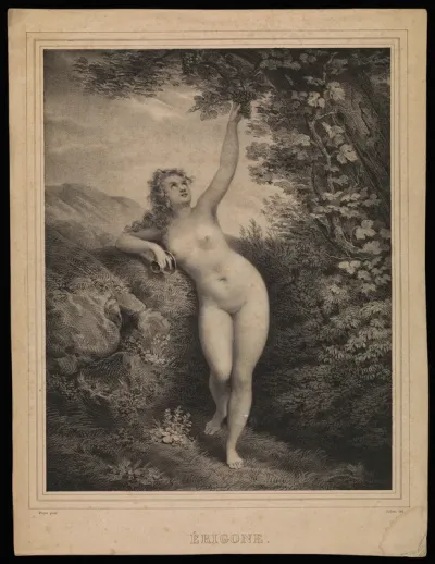 Erigone, ensnared by Dionysus, reaching for grapes on a vine