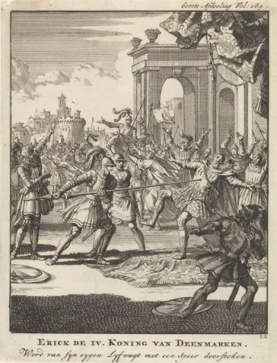 Erik IV van Denemarken wordt door zijn eigen lijfwacht met een speer doorstoken, 1250