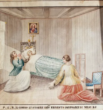 Ernesto Jagovaggi ill in bed, two women praying for his recovery, 27 October 1866