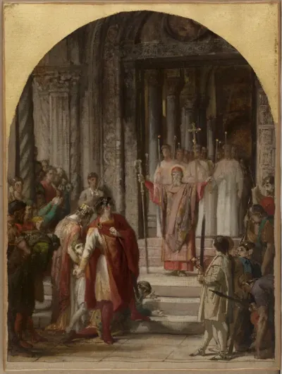 Esquisse pour l'église Saint-Ambroise: Saint Ambroise interdit l'entrée du lieu saint à l'empereur Théodose, coupable du meurtre des habitants d'Antioche.