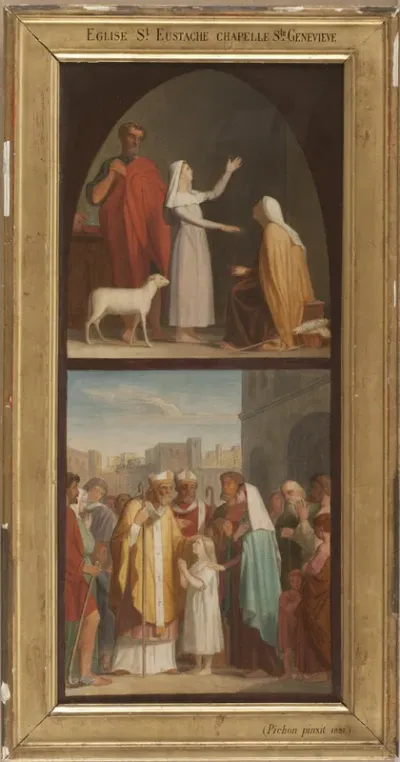 Esquisse pour l'église Saint-Eustache : Sainte Geneviève guérit sa mère aveugle. Saint Germain d'Auxerre et saint Loup prédisent aux parents de Sainte Geneviève la destinée de leur fille.