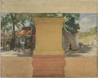 Esquisse pour la mairie de Vanves : Vue de Vanves avec guinguette