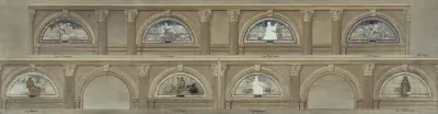 Esquisse pour la salle à manger de l'hôtel de ville : Les Champs. Le Verger. Le Parterre. Le Potager. La pêche. La Chasse. La Ferme. Le Pâturage.