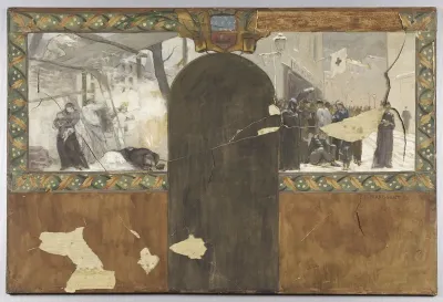 Esquisse pour le cabinet du préfet à l'Hôtel de Ville de Paris : Le bombardement de Paris - La queue devant une boucherie municipale.