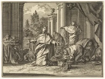 Esther en haar vrouwen weeklagen over het bevel de Joden te doden