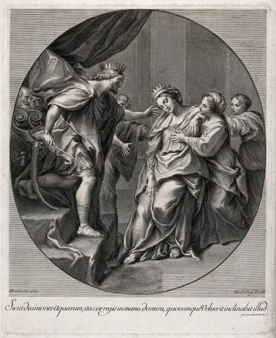 Esther faints before the fierceness of Ahasuerus