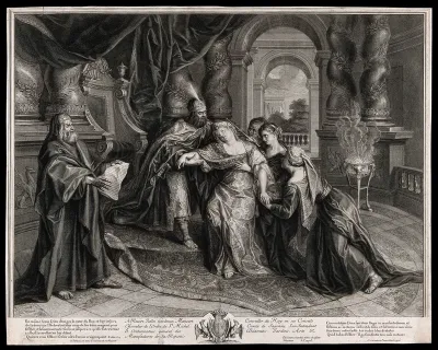 Esther swoons before Ahasuerus