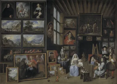 Et billedgalleri med en kunstner, der maler en kvinde og en pige. Allegori over malerkunsten