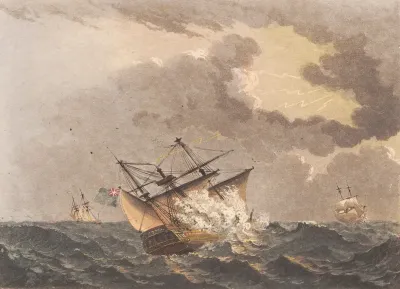 Et engelsk skib truffet af lynilden