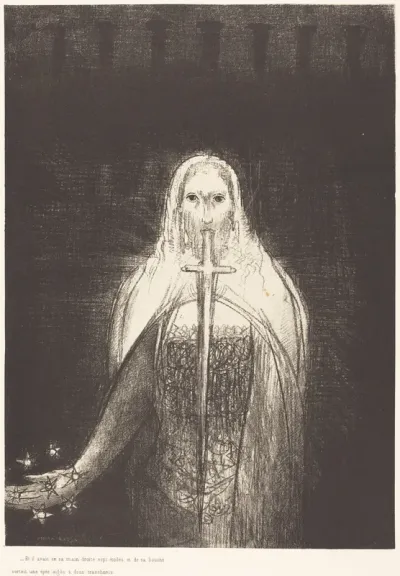 Et il avait dans sa main droit sept etoiles, et de sa bouch sortait une epee aigue a deux tranchants (And he had in his right hand seven stars; and out of his mouth went a sharp two-edged sword)