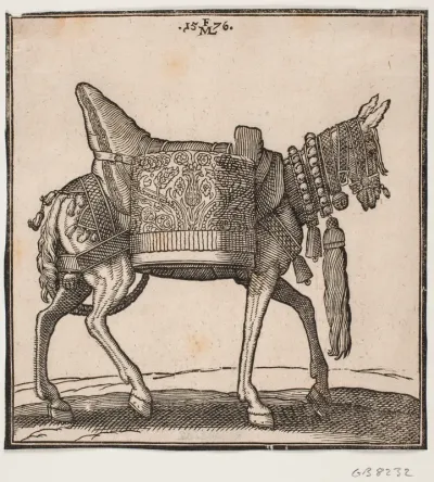 Et prægtigt udstyret mulæsel, profil mod h.
