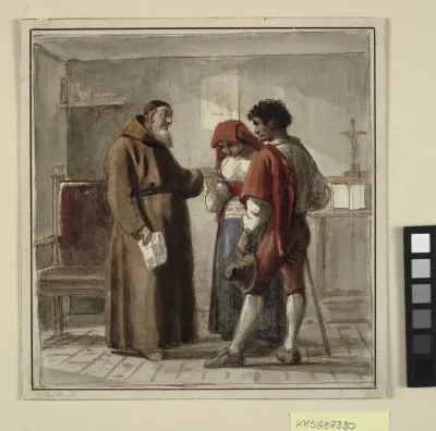 Et ungt bondepar hos en munk i hans celle