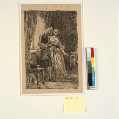 Et ungt ægtepar. Kronprins Frederik (Frederik V) spiser på Charlottenborg kirsebær med Kronprinsesse Louise, (C. D. Biehls Breve, udg. 1865)