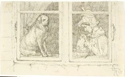 Et vinduesfag. Bag vinduet t.v. en hund, t.h. en kvinde der syr