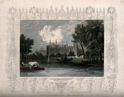 Eton College from the river with an elaborate border of architectural motifs