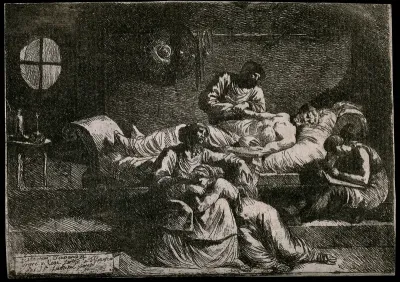 Eudamidas dictating his will on his deathbed, leaving the care of his mother and daughter to two friends