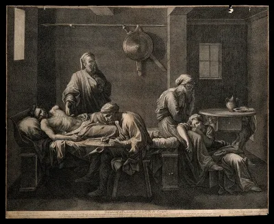Eudamidas dictating his will on his deathbed, leaving the care of his mother and daughter to two friends