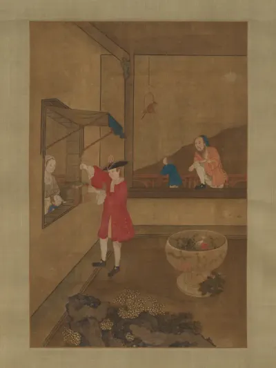 European Couple and Child Playing with Parrot