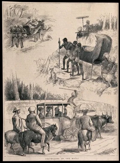 European men and women being transported by Indian men, in a coach drawn by oxen, in sedan chairs, and in a carriage pulled by men