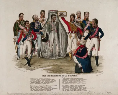 European royals and martial heroes marvel at the sight of the defeated Napoleon Bonaparte standing in a glass bottle in their midst