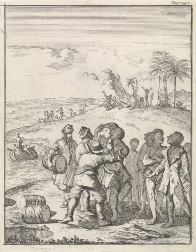 Europese matrozen proberen tevergeefs om Aboriginals vaten te laten dragen