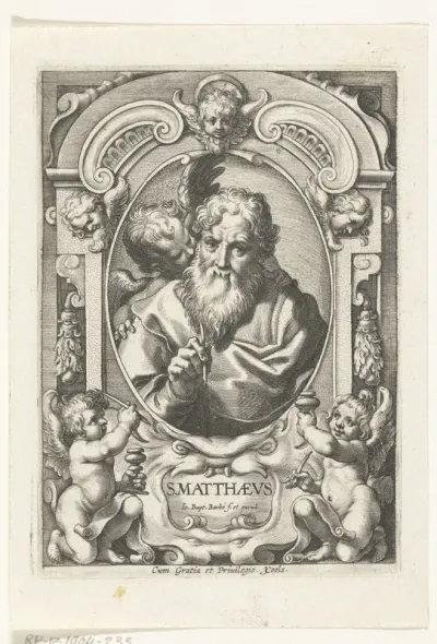 Evangelist Mattheus met engel in omlijsting met architectuur ornamenten