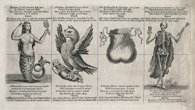Eve combined with a mermaid; a griffon combined with an eagle holding an infant between its claws; a purse combined with a heart; a skeleton holding an hourglass and an arrow
