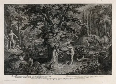 Eve picks the apple from the tree as the serpent emerges