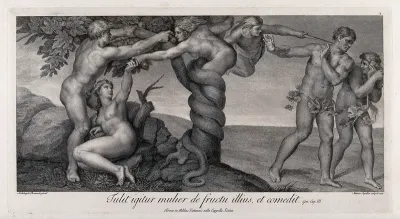 Eve receives the forbidden fruit from a serpent in the shape of a woman; the angel expels Adam and Eve from paradise