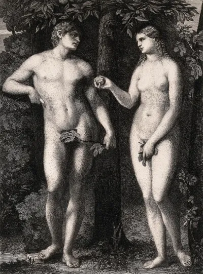 Eve shows Adam the apple she has bitten
