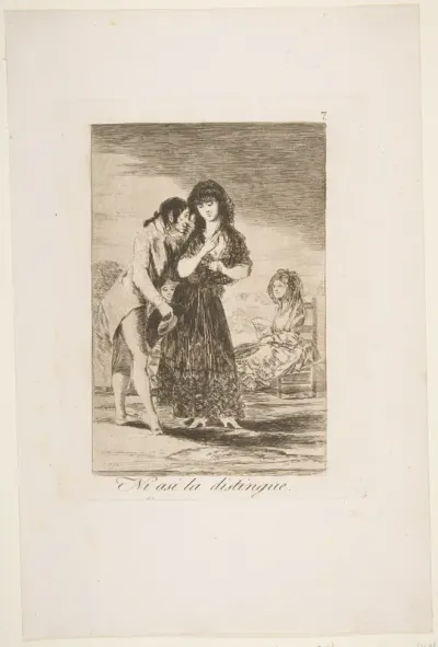 Even thus he cannot make her out (Ni asi la distingue), plate 7 from "Los Caprichos"
