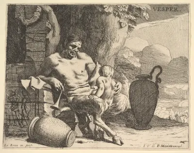 Evening: a seated satyr clasps his child, a figure hangs a garland on a pier beyond, from "Hours of the Day"