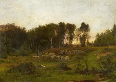 Evening mood at the edge of the forest with shepherd
