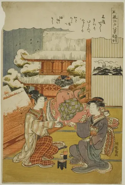 Evening Snow at Sensoji Temple (Sensoji no bosetsu), from the series "Eight Fashionable View of Edo (Furyu Edo hakkei)"