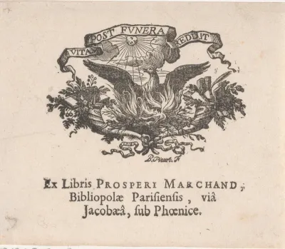Ex libris van de boekverkoper Prosper Marchand 'In den Parijschen boekwinkel' in de St. Jacobsstraat te Amsterdam